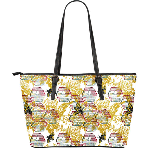 Cool Bee Honeycomb Leaves Pattern Large Leather Tote Bag