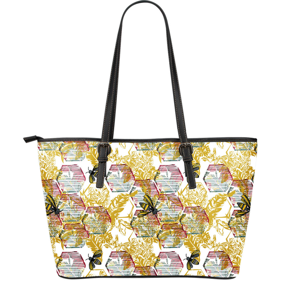 Cool Bee Honeycomb Leaves Pattern Large Leather Tote Bag