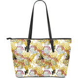 Cool Bee Honeycomb Leaves Pattern Large Leather Tote Bag