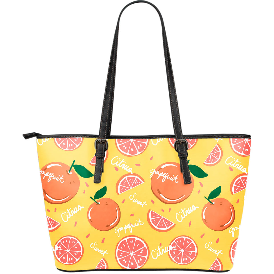 Grapefruit Yellow Background Large Leather Tote Bag