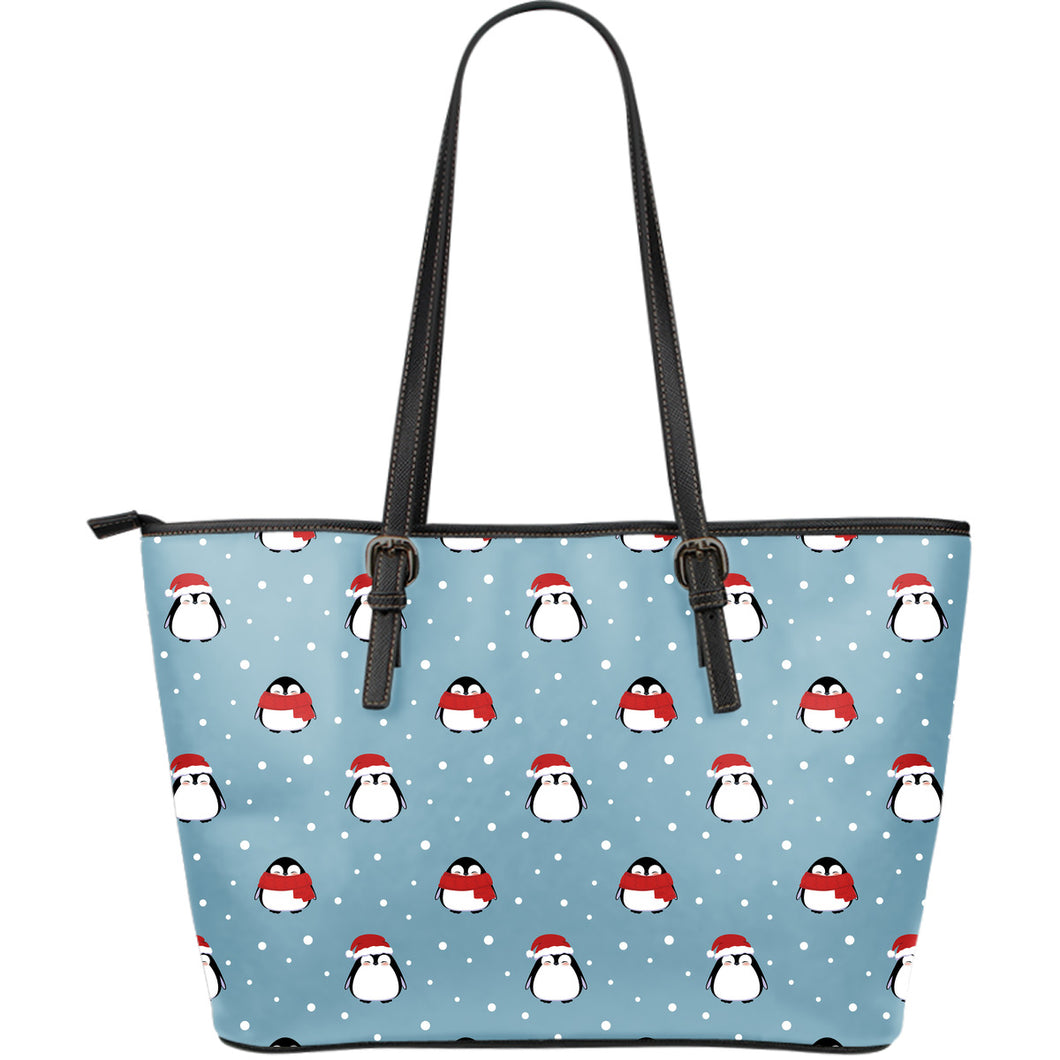 Cute Penguin Christmas Snow Pattern Large Leather Tote Bag