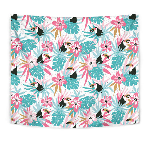 Toucan Tropical Flower Leave Pattern Wall Tapestry