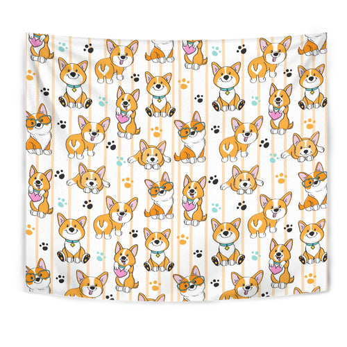 Cute Dog Corgi Striped Background Pattern Wall Tapestry