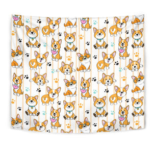 Cute Dog Corgi Striped Background Pattern Wall Tapestry