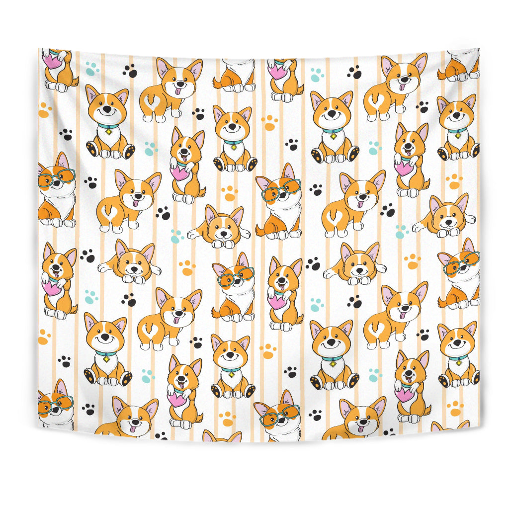 Cute Dog Corgi Striped Background Pattern Wall Tapestry