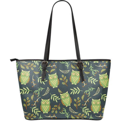 Cute Owls Leaves Pattern Large Leather Tote Bag