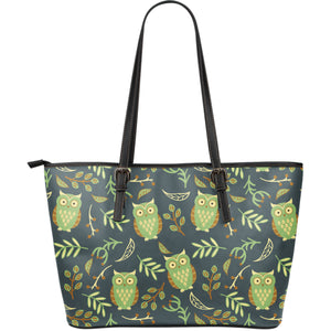 Cute Owls Leaves Pattern Large Leather Tote Bag