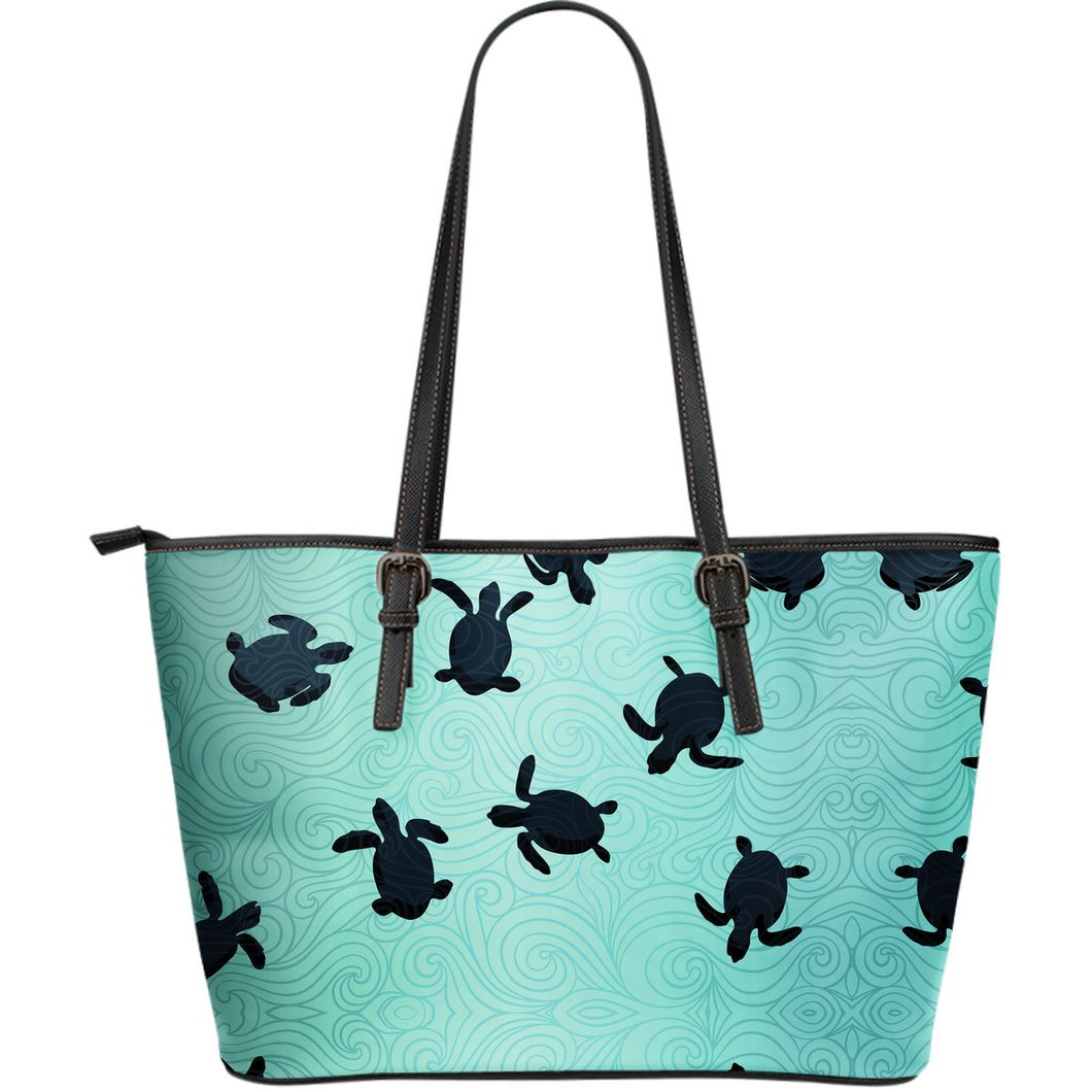 Sea Turtle With Blue Ocean Backgroud Large Leather Tote Bag