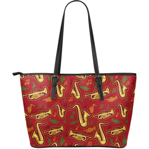 Saxophone Cornet Pattern Red Background Large Leather Tote Bag