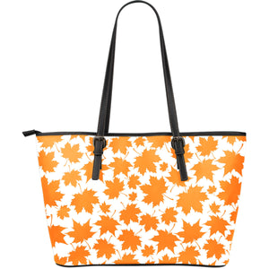 Orange Maple Leaf Pattern Large Leather Tote Bag