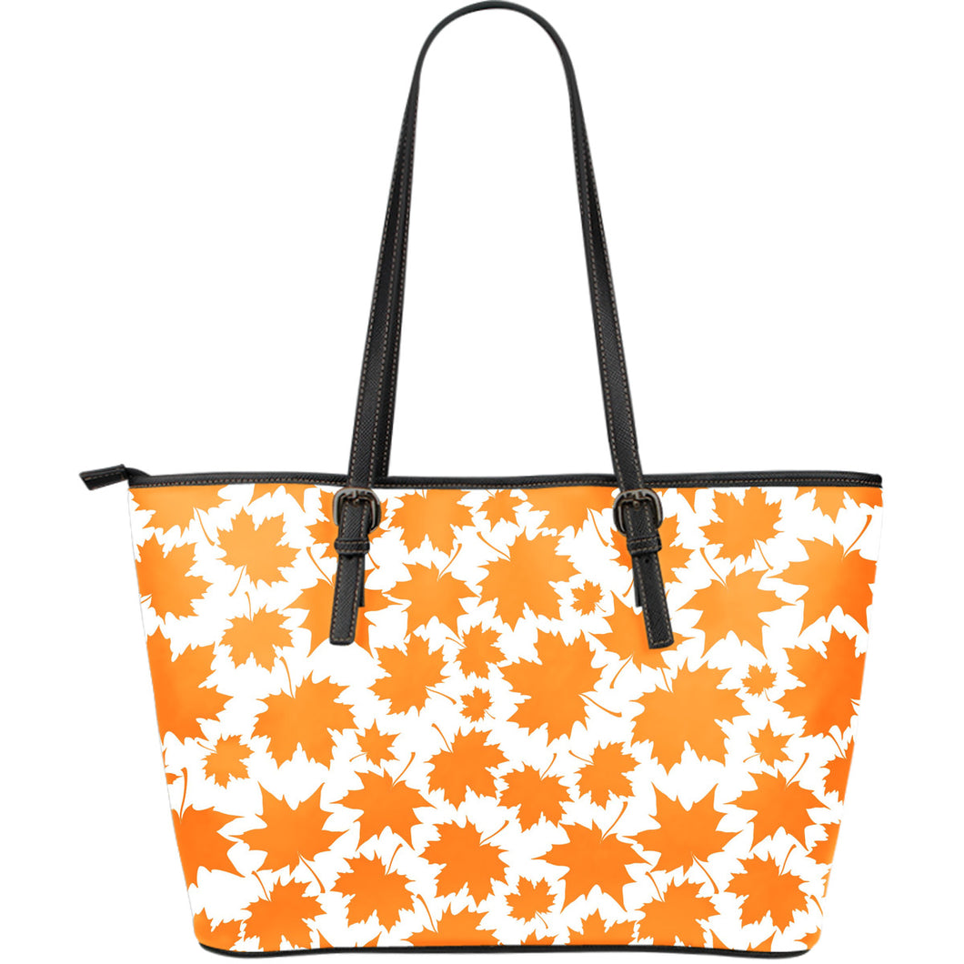 Orange Maple Leaf Pattern Large Leather Tote Bag