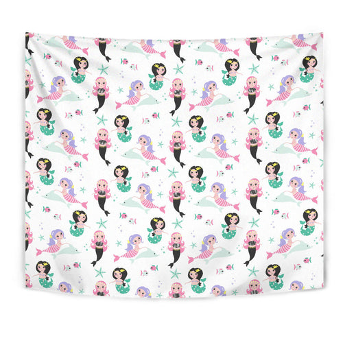 Cute Mermaid Dolphin Fish Starfish Pattern Wall Tapestry
