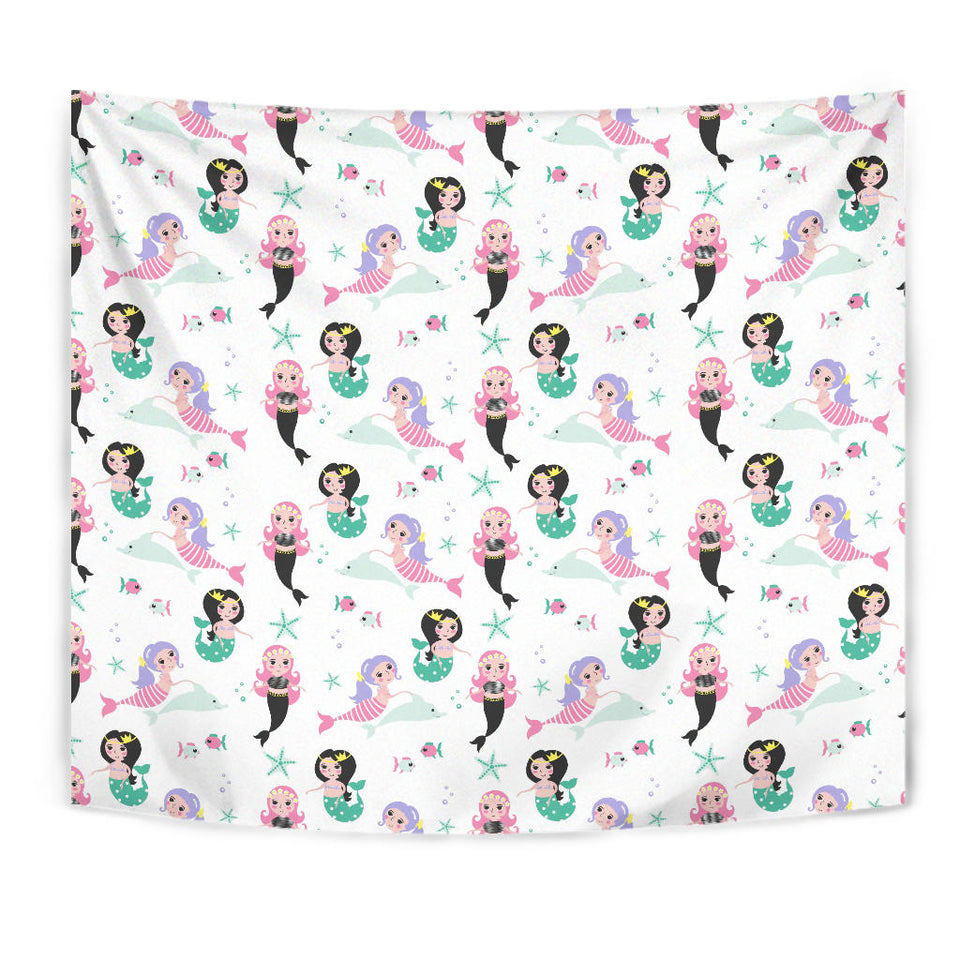 Cute Mermaid Dolphin Fish Starfish Pattern Wall Tapestry