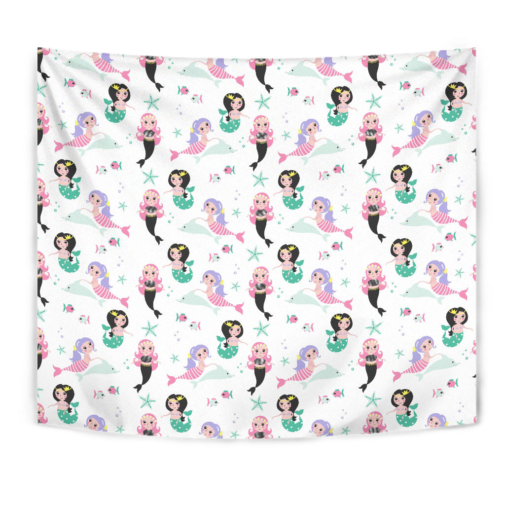 Cute Mermaid Dolphin Fish Starfish Pattern Wall Tapestry