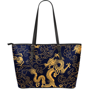 Gold Dragon Pattern Large Leather Tote Bag