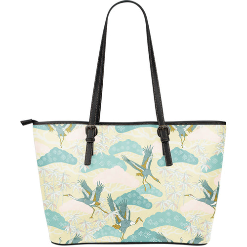 Bonsai Bamboo Stork Japanese Pattern Cream Theme Large Leather Tote Bag