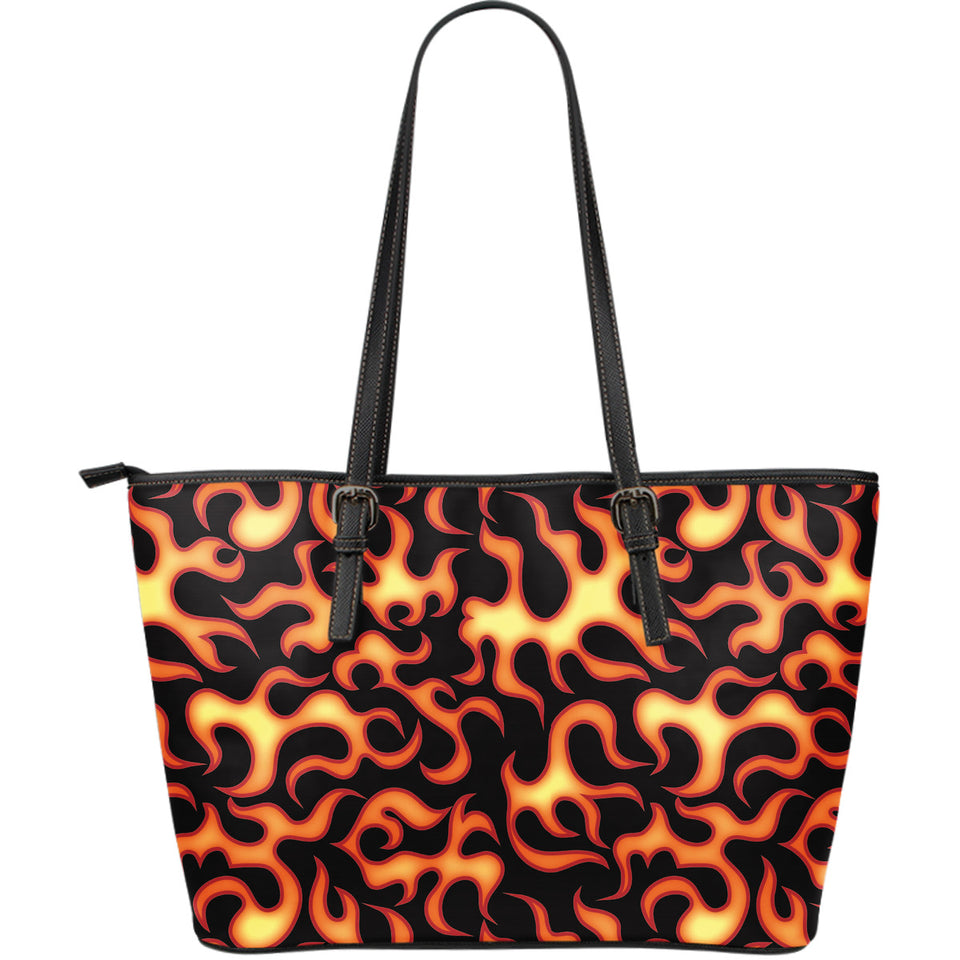 Fire Flame Dark Pattern Large Leather Tote Bag