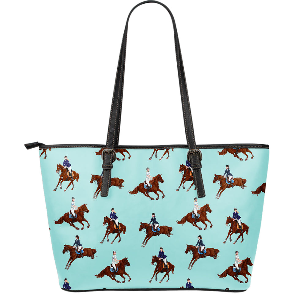 Horses Running Horses Rider Pattern Large Leather Tote Bag