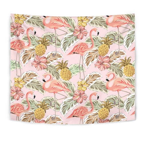 Pink Flamingo Birds Pineapples Hibiscus Flower Pattern Wall Tapestry