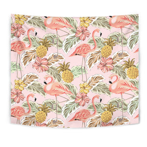 Pink Flamingo Birds Pineapples Hibiscus Flower Pattern Wall Tapestry