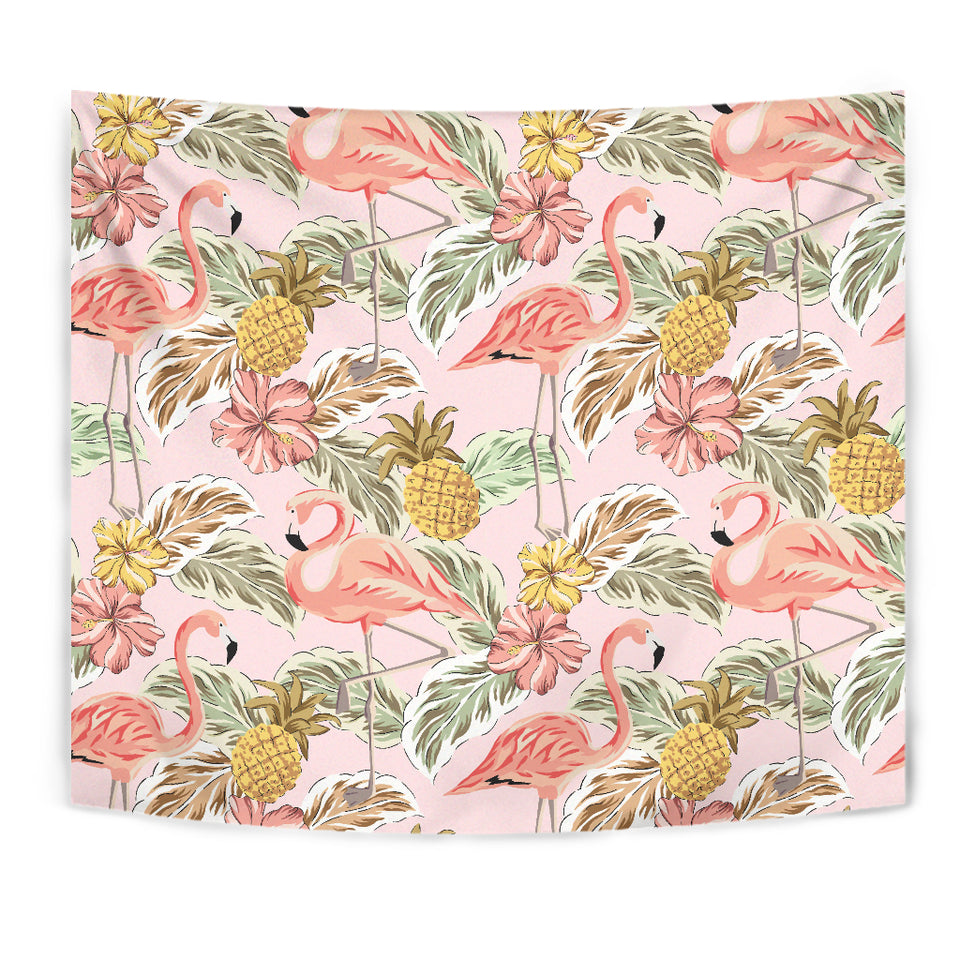 Pink Flamingo Birds Pineapples Hibiscus Flower Pattern Wall Tapestry