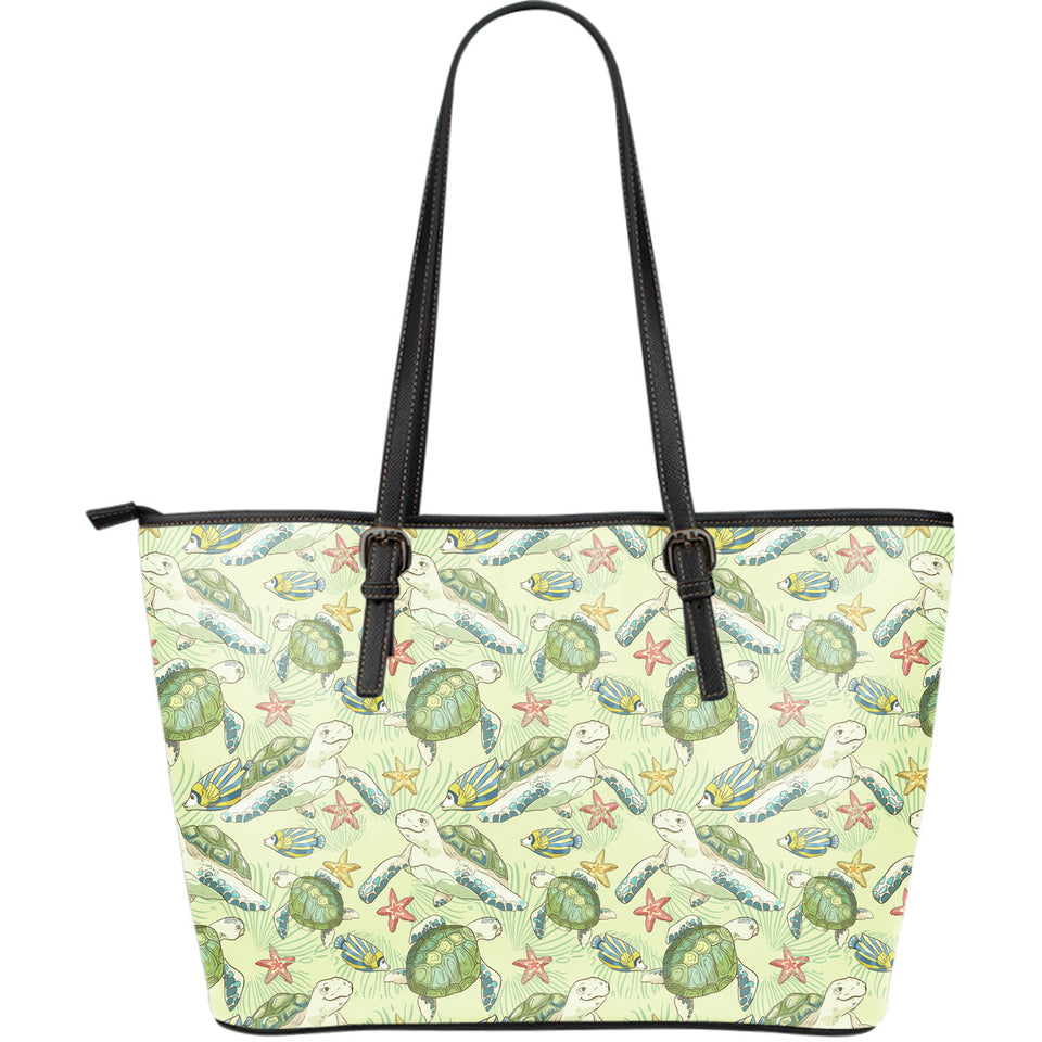 Hand Drawn Sea Turtle Fish Pattern Large Leather Tote Bag