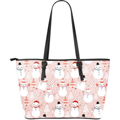 Cute Snowman Christmas Tree Snowpink Background Large Leather Tote Bag