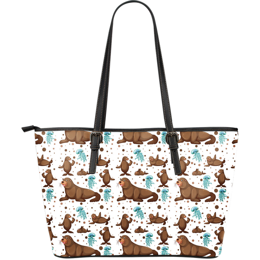 Sea Lion Seals Jellyfish Pattern Large Leather Tote Bag