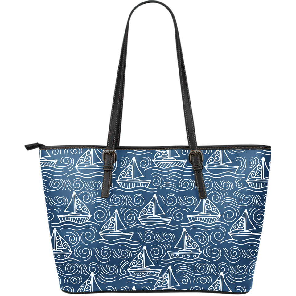 Hand Drawn Sailboat Pattern Large Leather Tote Bag