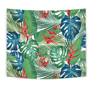Heliconia Palm And Monstera  Leaves Pattern Wall Tapestry