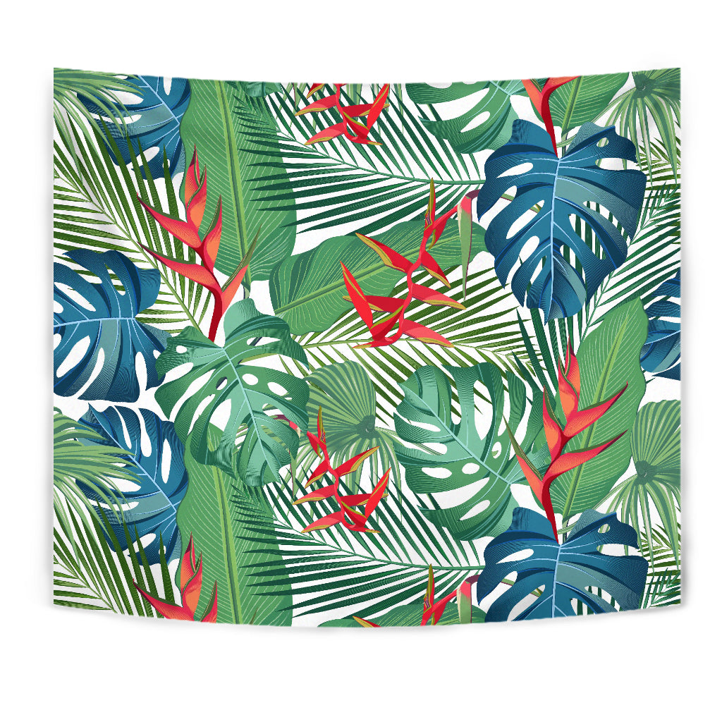Heliconia Palm And Monstera  Leaves Pattern Wall Tapestry
