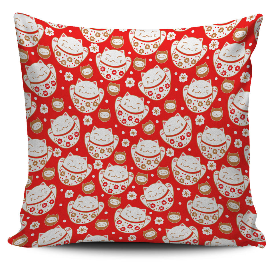 Cute Maneki Neko Lucky Cat Red Background Pillow Cover