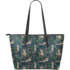 Raccoon Tropical Leaves Pattern Large Leather Tote Bag