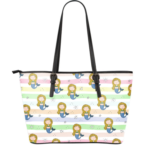 Cute Hand Drawn Mermaid Large Leather Tote Bag