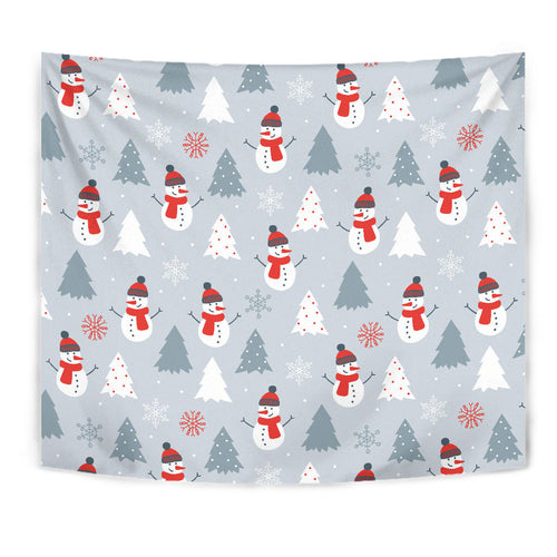 Snowman Christmas  Tree Snow Gray Background Wall Tapestry