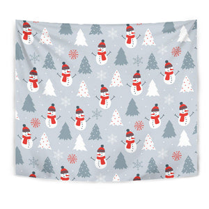 Snowman Christmas  Tree Snow Gray Background Wall Tapestry