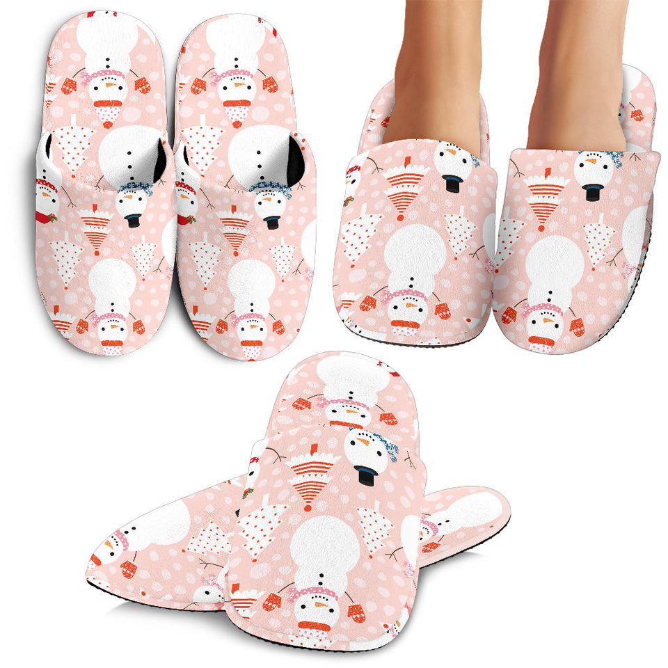 Cute Snowman Christmas Tree Snowpink Background Slippers
