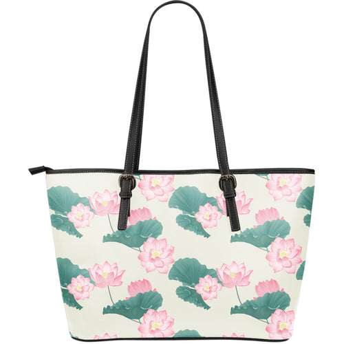 Pink Lotus Waterlily Leaves Pattern Large Leather Tote Bag