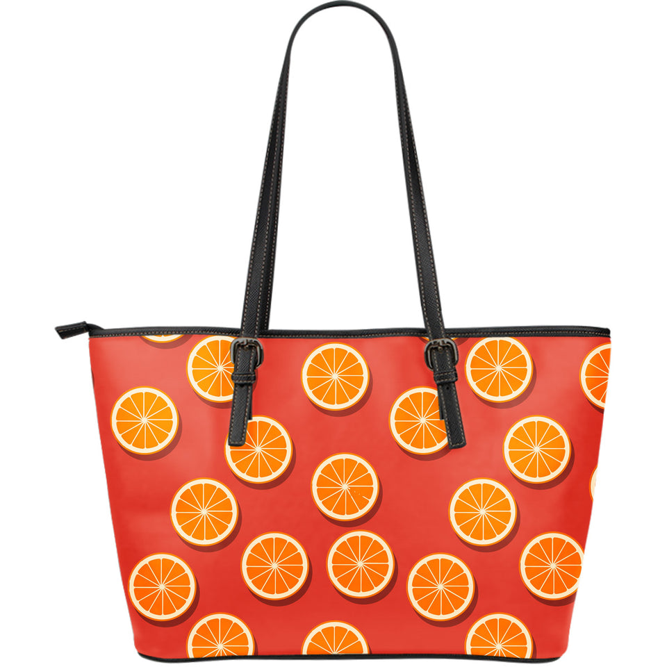 Oranges Pattern Red Background Large Leather Tote Bag