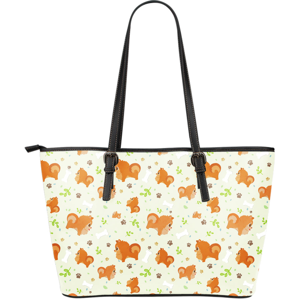 Cute Brown Pomeranian Paw Leave Bone Pattern Large Leather Tote Bag