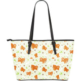 Cute Brown Pomeranian Paw Leave Bone Pattern Large Leather Tote Bag