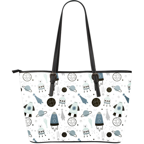 Hand Drawn Space Elements Space Rocket Star Planet Space Probe Large Leather Tote Bag