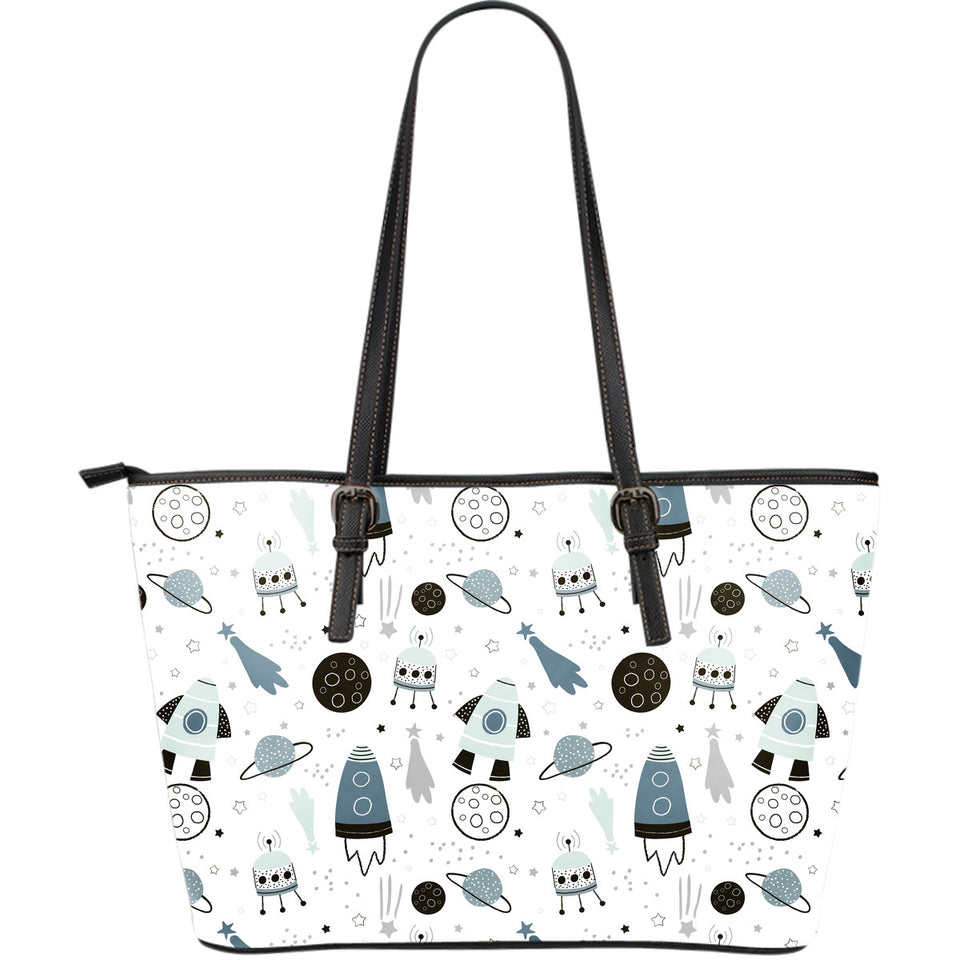 Hand Drawn Space Elements Space Rocket Star Planet Space Probe Large Leather Tote Bag
