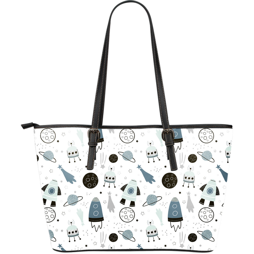 Hand Drawn Space Elements Space Rocket Star Planet Space Probe Large Leather Tote Bag