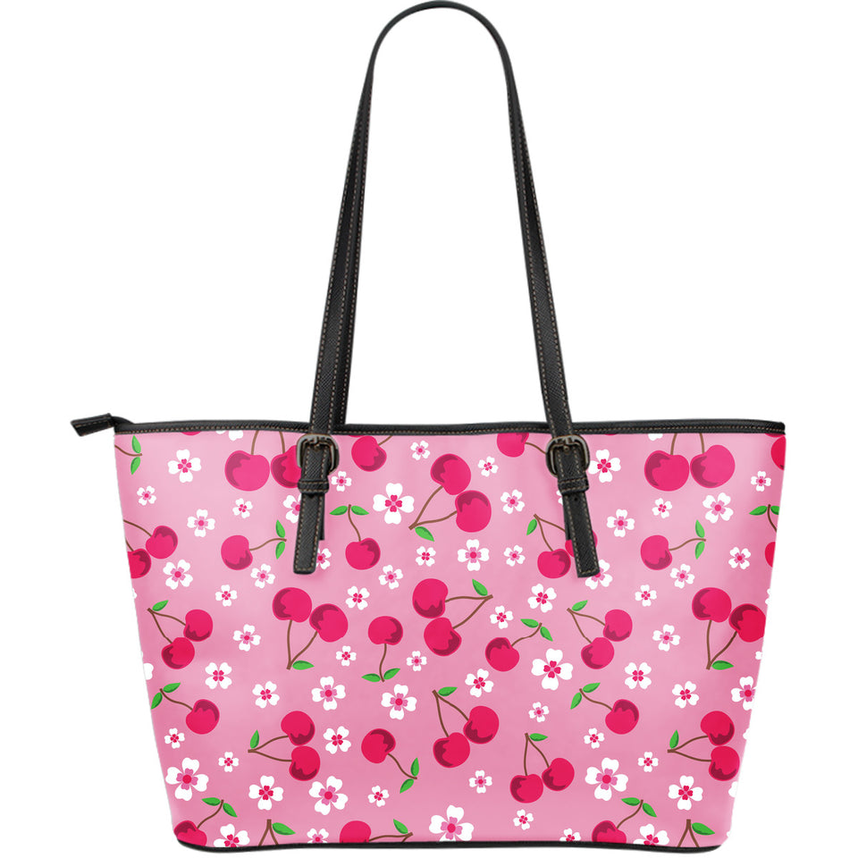 Cherry Flower Pattern Pink Background Large Leather Tote Bag