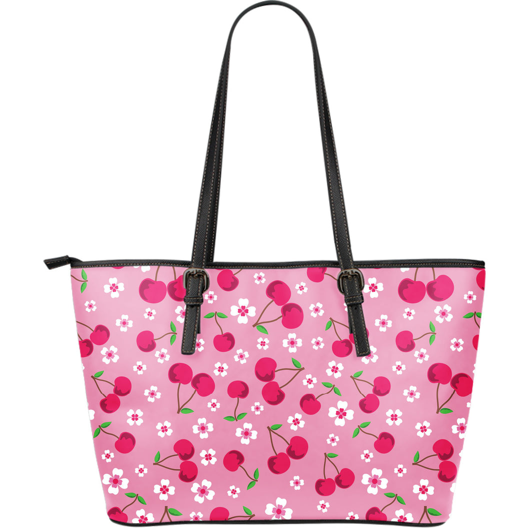 Cherry Flower Pattern Pink Background Large Leather Tote Bag