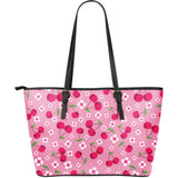Cherry Flower Pattern Pink Background Large Leather Tote Bag