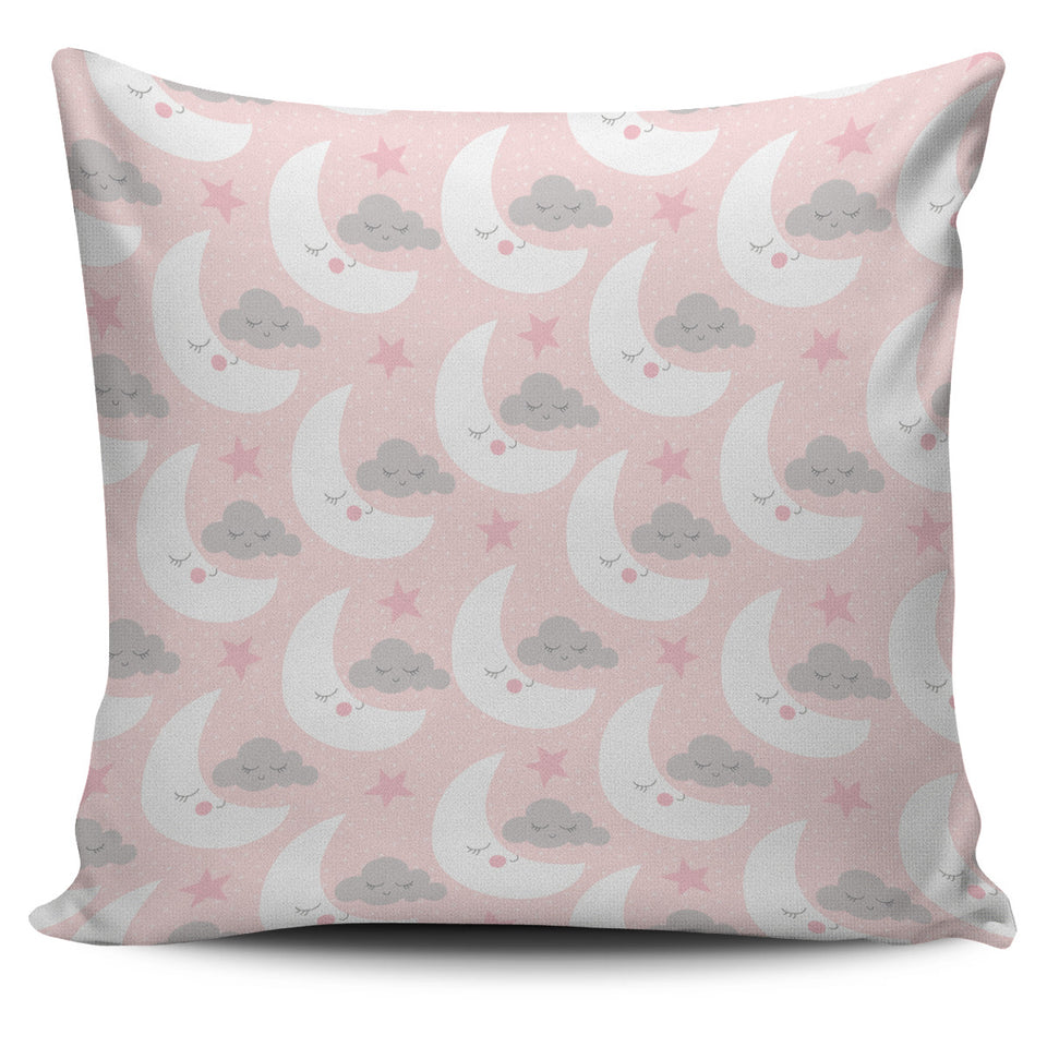 Cute Moon Cloud Star Pattern Pink Dot Background Pillow Cover