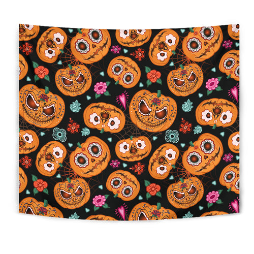 Pumpkin Flowers Spiderweb Halloween Theme Wall Tapestry