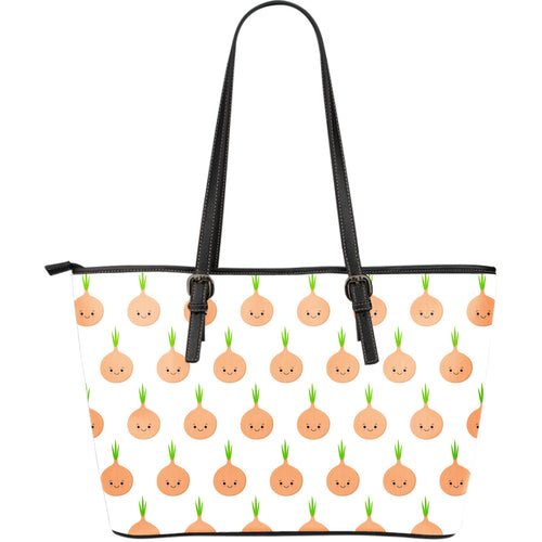 Cute Onions Smiling Faces Large Leather Tote Bag